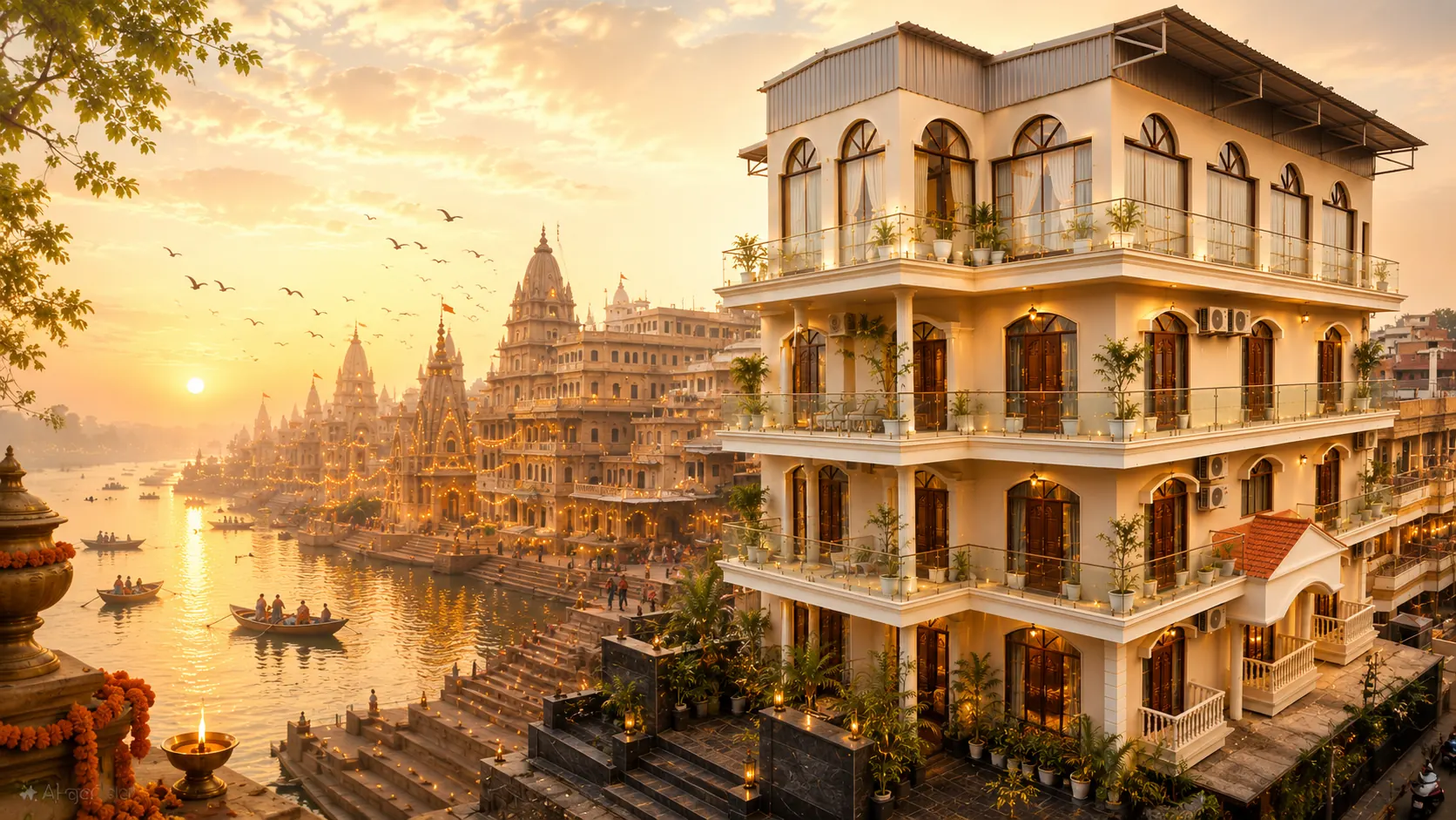 Hotel Rio Benaras at sunset over the Ganges